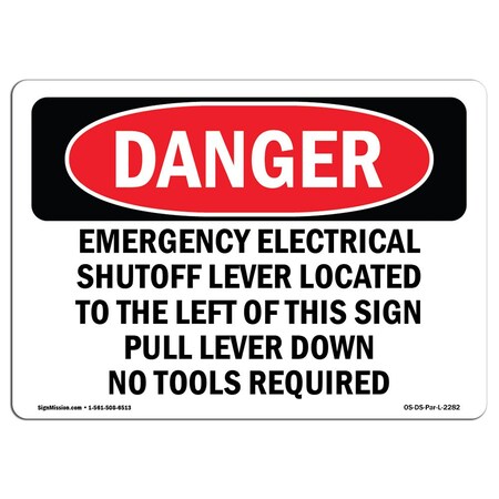 Signmission OSHA Sign, 7" Height, 10" Wide, Aluminum, Emergency Electrical Shutoff Lever Located, Landscape OS-DS-A-710-L-2282